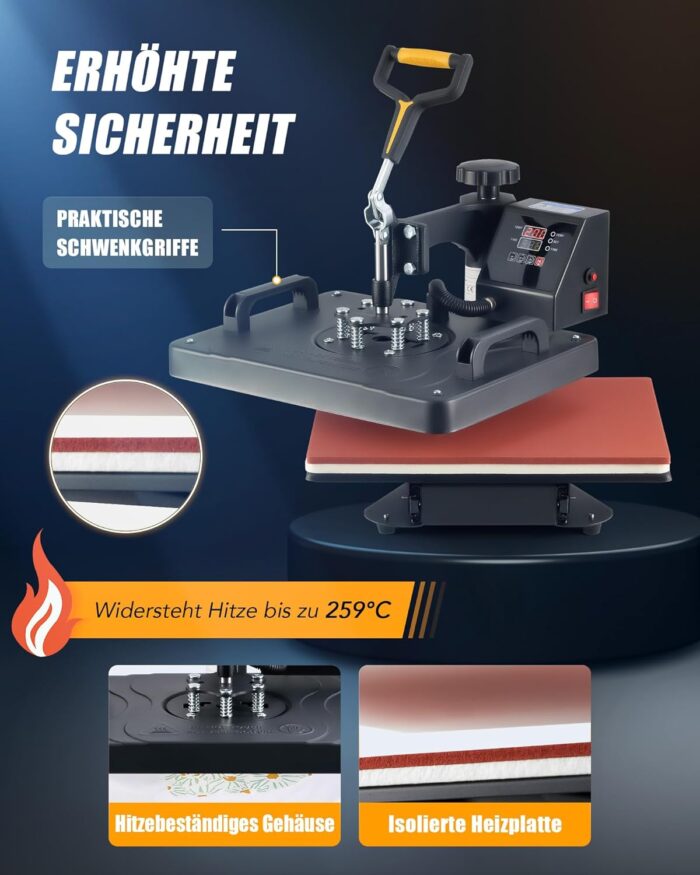 CREWORKS Hitzepresse Transferpresse 1250W Heat Press Heißpresse 360 Grad Schwenkbar DIY Mulitifunktional Sublimation Wärmepresse (38x30cm 8 in 1)