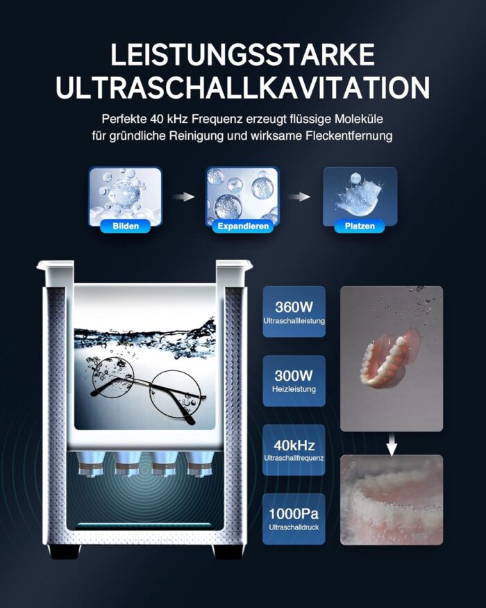 CREWORKS Ultraschallreinigungsgerät Edelstahl 15L Ultraschallreiniger 360W mit Heizung Timer Degas & Soft-Modus für Zahnprothesen Schmuck Brillen Uhren Gläser Ultraschall-Reinigungsgerät mit Knöpfen