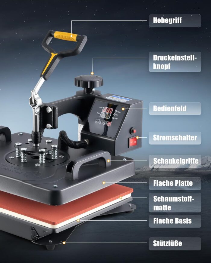 CREWORKS Transferpresse 11 in 1 Hitzepresse 38x30cm Hitzepressemaschine Multifunktionale Heißpressmaschine Wärmepresse für T-Shirts Schuhen Tassen Hüten Stiften Baseballs Tellern